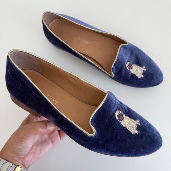 Jack Rogers Shoes - Jack Rogers Loafers Womens 9 Blue Velvet Pug Dog Embroidered Smoking Shoes Flats